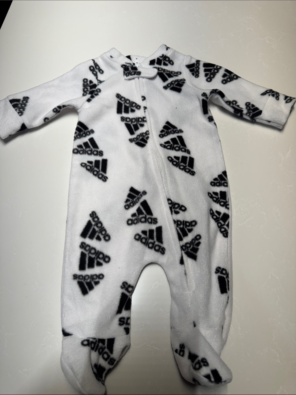 NWOT adidas White Footed Fleece One-Piece with Black Logo Print